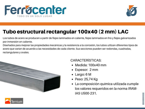 Tubo Estructural Rectangular 100 X 40 X 2 Mm - 6 Mts