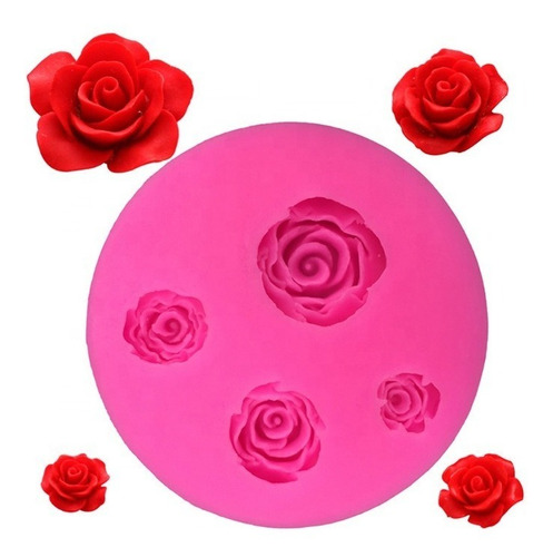 Molde Silicona 4 Rosas Redondo Fondant Porcelana Fria Resin Color Rosa