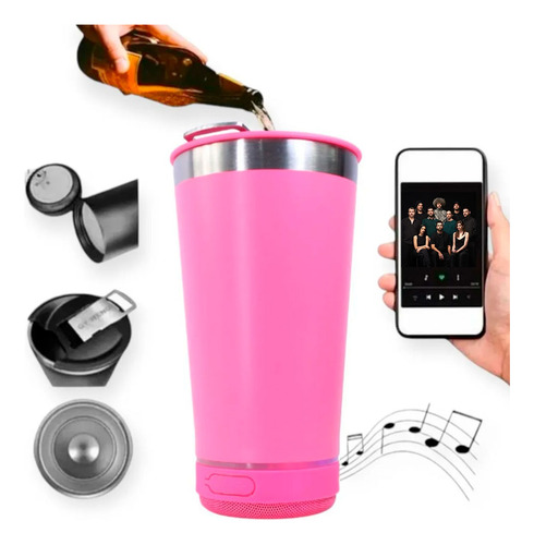 Vaso Térmico 473ml Con Parlante Destapador Luces Bluetooth Rosa Chicle Lisa