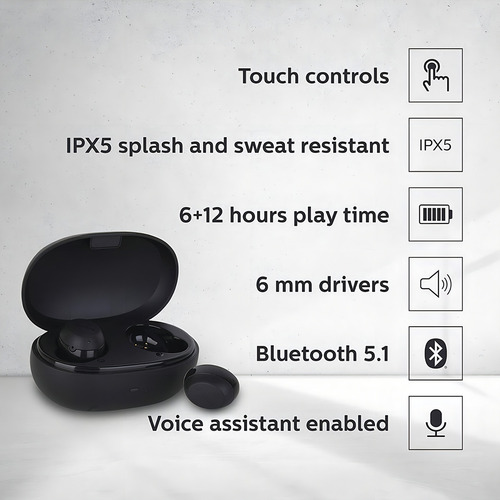 Fone De Ouvido Sem Fio Philips 1000 Series TAT1235 Cor Preto - Excelente (Recondicionado)