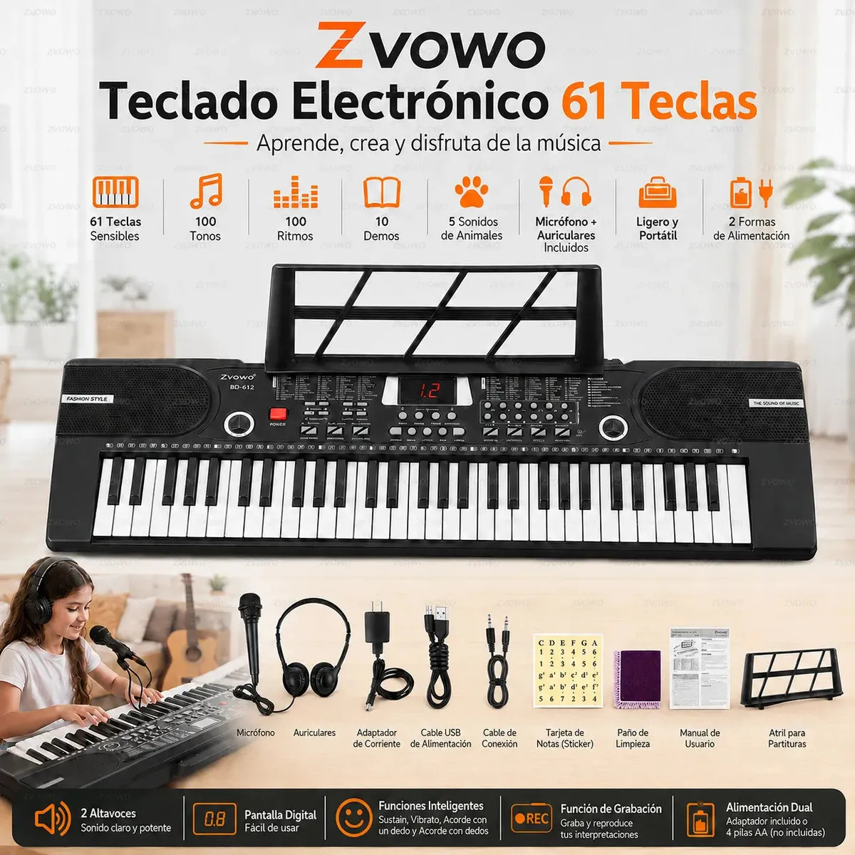 Teclado Standard Piano Musical Digital Profesional Eléctrico 61 Teclas Con Altavoces Adaptador Micrófono Atril Negro