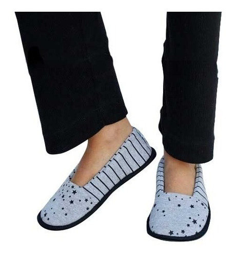 Imagen 3 de 6 de Pantuflas Mujer Nadine Invierno Gris Rayas Estrellas Jersey
