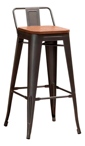 Taburete Negro Tolix Vintage Respaldo En Metal Asiento De Madera