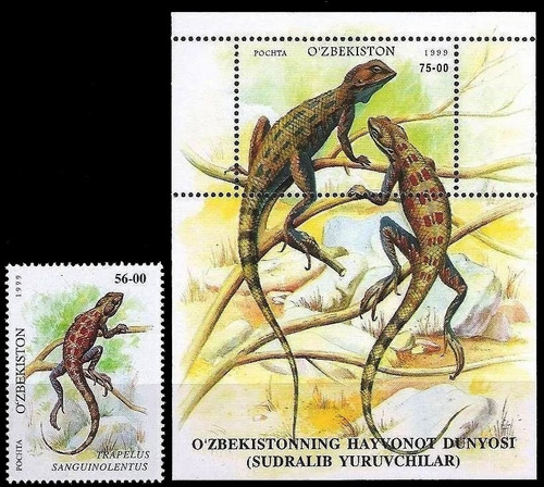 Fauna - Reptiles - Uzbekistán 1999 - Sello + Block Mint