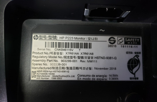 Monitor Hp Prodisplay P223, 21.5 Dp/vga 1920x1080 (Usado)
