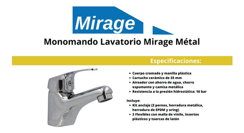 Llave Monomando Lavatorio Lavamanos Cromado Mirage Taumm