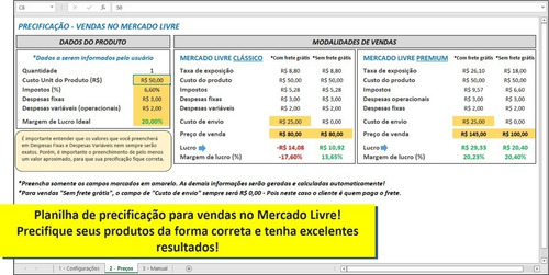 Planilha Custo E Preços Vendas Mercado Livre