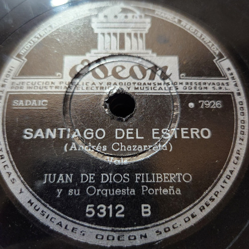 Pasta Juan De Dios Filiberto Orquesta Porteña Odeon C595