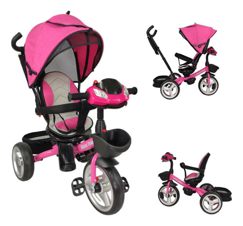 Triciclo Para Niños 7en1 Con Asiento Giratorio 360,luz, Color Rosa