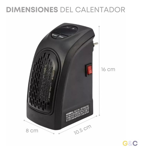Mini Calefactor Eléctrico De Pared 800w Termostato - Tempori Negro