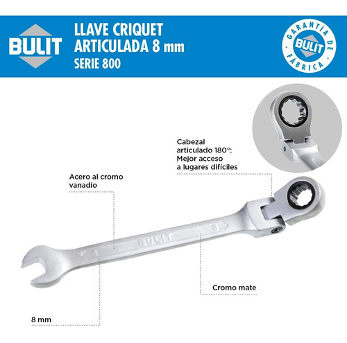 Imagen 2 de 7 de Llave Criquet Articulada Bulit Serie 800 Acero - 8mm