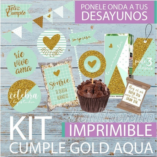 Kit Imprimible Desayuno Cumple Dorado Agua Mujer Amiga