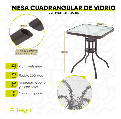 Mesa Cuadrangular De Vidrio Estructura De Acero Café Oscuro Mesa Compacta Para Terraza Jardín Balcón De 60cm