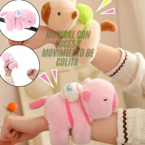 Capibara 4 En 1 Pulsera, Musical Con Luz Y Cola Giratoria Beige