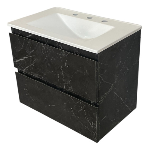 Vanitory Flotante Colgante+bacha 60x37cm Negro Símil Mármol Mármol Blanco Tres Agujeros