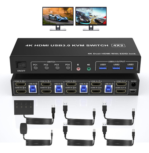 Conmutador Kvm Usb 3.0 Hdmi Dual Monitores 4 Computadoras, 4