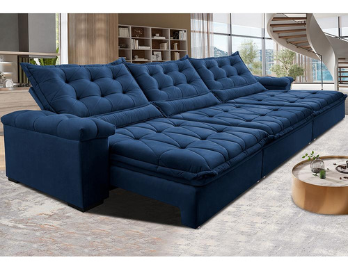 Sofá Retrátil 3,55m Cama Inbox Big Fresh. Com Softgel d40 Cor Azul