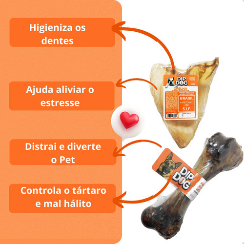 Kit 8 Modedor Natural Orelha Bovina Petisco E 2 Osso Fêmur Cor Bege