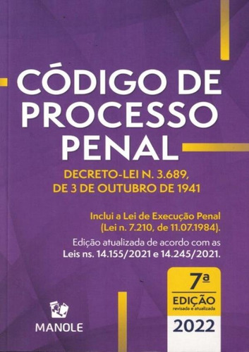 Código De Processo Penal - 07ed/22 - Decreto-lei N. 3.689,, De Editora Manole. Editora Manole Em Português