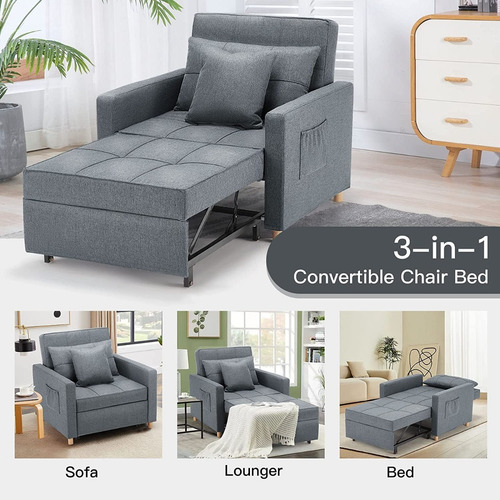 Sillón Cama 3 En 1; Ajustable Tamaño Individual De Lino Gris