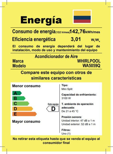 Aire Acondicionado Whirlpool 11k Btu/0.9 Rt Split Inverter B