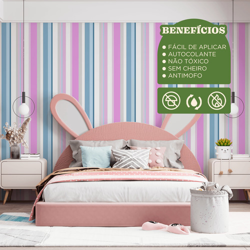 Papel De Parede Autocolante Sala Listra Rosa Azul Cinza 10m