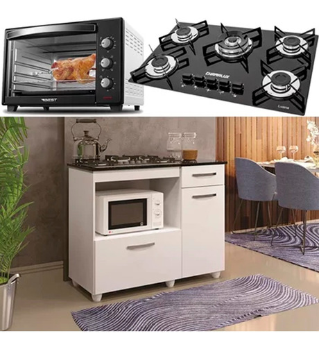 Kit Balcão Com Forno 48 Litros 127v E Fogão Cooktop 5 Bocas Cor Branco 110V