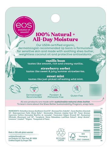 Bálsamo Labial Eos, Vainilla, Fresa Y Menta
