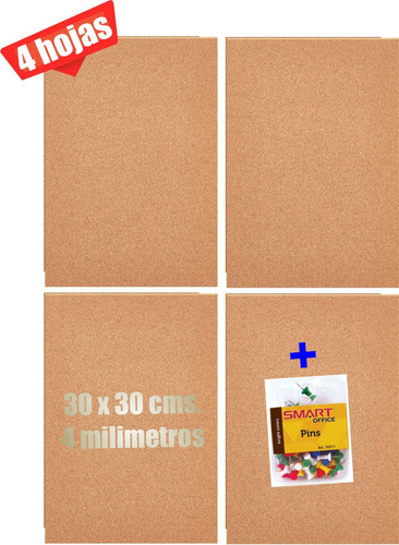 Hoja Corcho 4 Milímetros 30 X 30 Cms. 4 Hojas + Pins