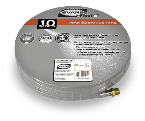 Manguera Para Compresor De Aire Evans Pvc 300 Psi 10m 1/4 Color Gris