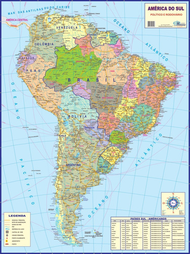 Mapa Geo Político Da América Do Sul Gigante - 0,90 X 1,20m