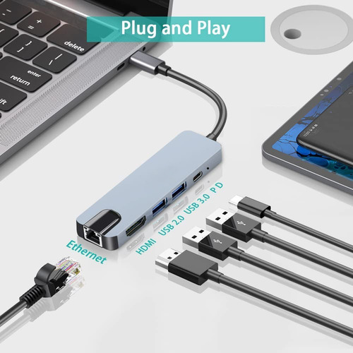 Imagen 3 de 10 de Adaptador Hub Usb C 5 En 1 A Hdmi, Rj45 Usb 3.0, Pd, Mac Win