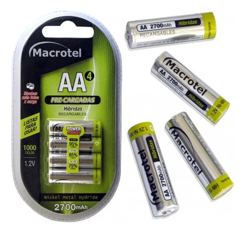 Pilas Recargable Aa De 2700mah Precargadas / Macrotel