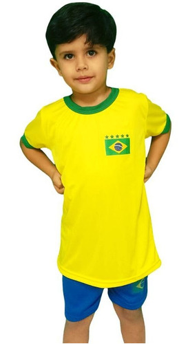 Kit Infantil Brasil Camisa E Calção Torcedor Verde Amarelo