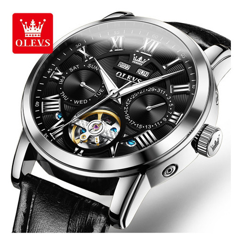 Relojes Olevs Skeleton Tourbillon Calendar Para Hombre Color del bisel Silver Black