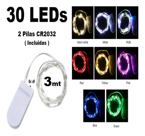 1 Tira Luces Led De 3mt Con Pilas Incluidas Colores Fijos