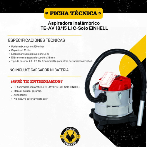Imagen 4 de 10 de Aspiradora De Ceniza Inalámbrica Te-av 18/15 Li C-solo