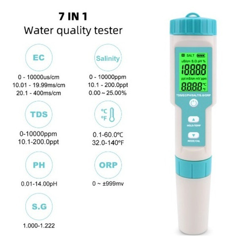 Medidor Digital  Ph Tds Ec 7 En 1, Medidor De Salinidad 