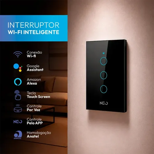 Interruptor Inteligente Wifi 4x2 Touch 3 Botões Alexa Google Cor Preto Neo By Avant Preto 3 127/220v