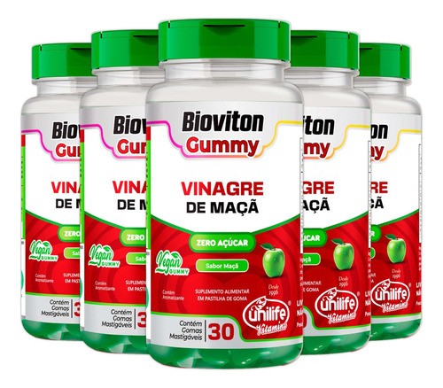 Kit 5 Vinagre De Maçã 30 Gomas Zero Açúcar Unilife Bioviton