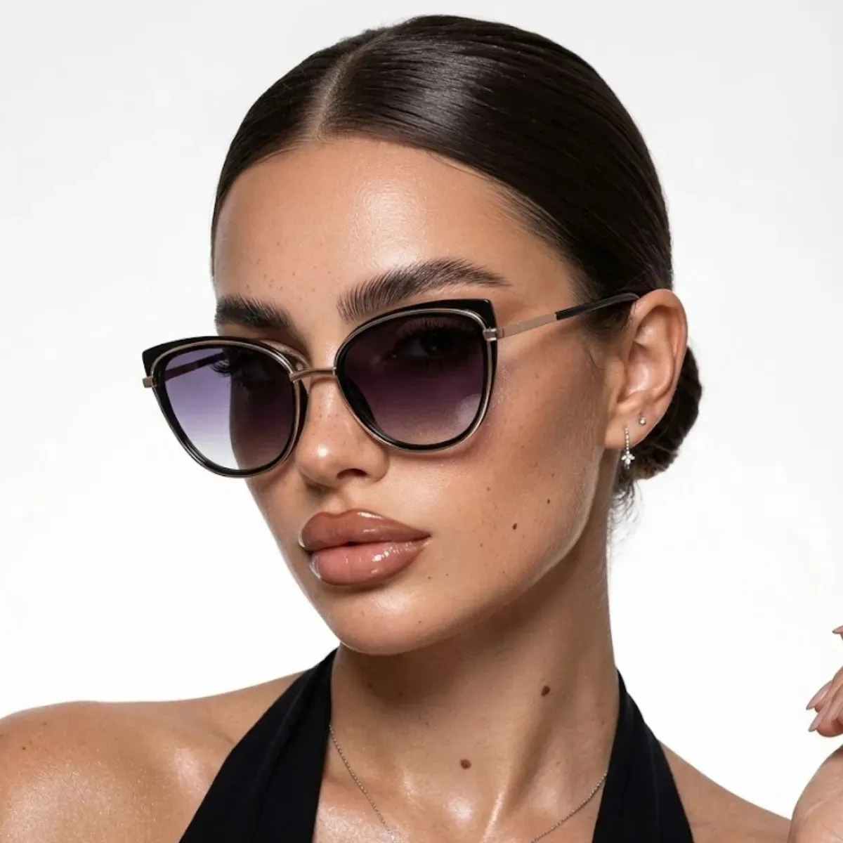 Óculos  De Sol Feminino Gatinho Moda Em Alta Proteção Uv400 Desenho Preto e dourado