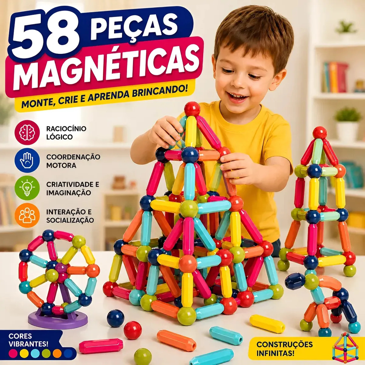 Brinquedo Blocos Montar Magneticos Sensorial Crianças 58 Pcs