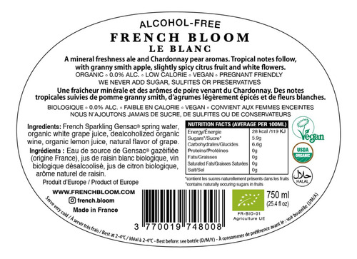 Vino Espumoso French Bloom Le Blanc Sin Alcohol, 750 Ml - Ce