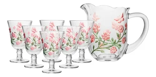 Conjunto 7 Peças Jarra E 6 Taças Lys Hand Painting 1,5l/240ml Cristal Lyor Incolor