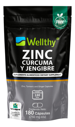 Zinc, Curcuma Y Jengibre 180 Cápsulas Wellthy Sabor Sin Sabor