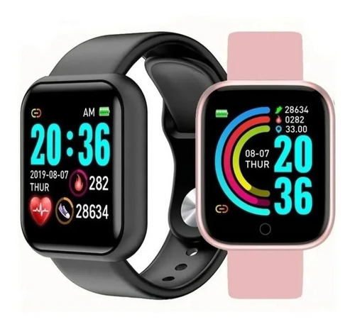 2 Relógios Inteligente Smartwatch Notifica Whats Face Insta Cor da pulseira Preto e Rosa