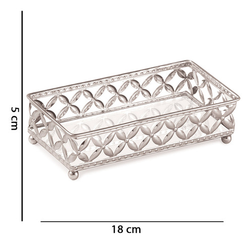 Bandeja Decorativa Retangular Metal Prata Com Espelho 5x18cm