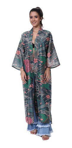 Kimono Haori Casaco Longo Oni Cisne Floral Japão Onda Mar