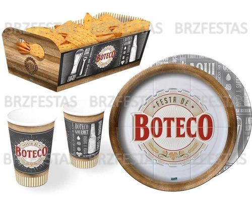 Kit Festa De Boteco * 16 Pratos 16 Copos 8 Cestas Salgados