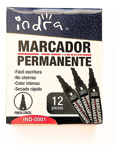 12pz Marcador Permanente Indra Color Negro Punta Cincel